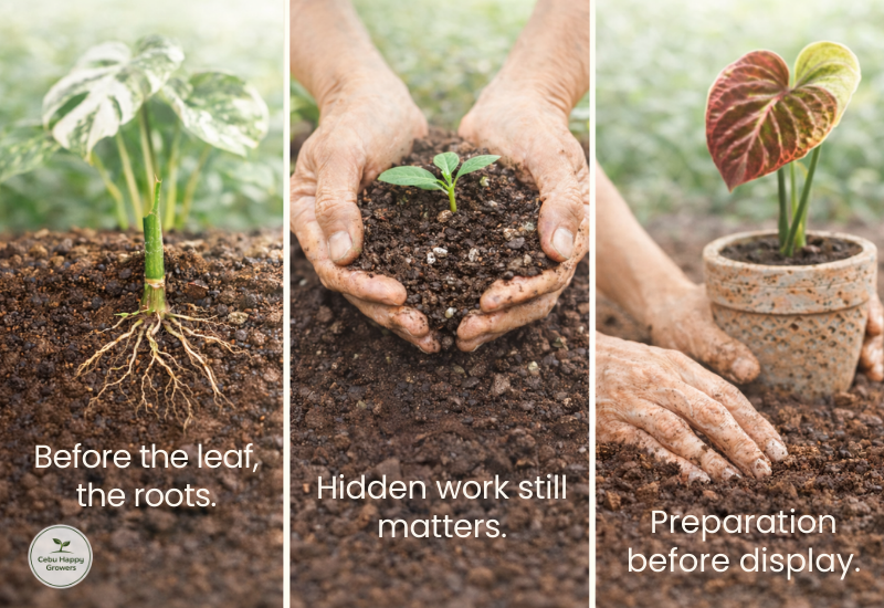 Triptych showing plant roots, hands nurturing soil, and preparing a potted plant, representing hidden work and preparation in growing