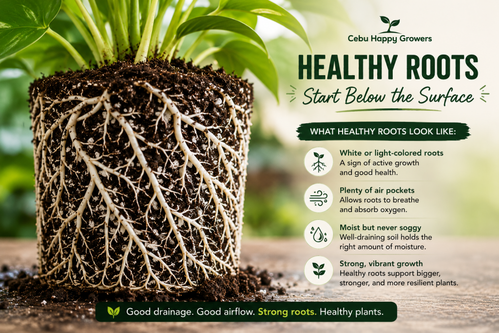 Healthy white plant roots growing in airy well-draining soil mix.