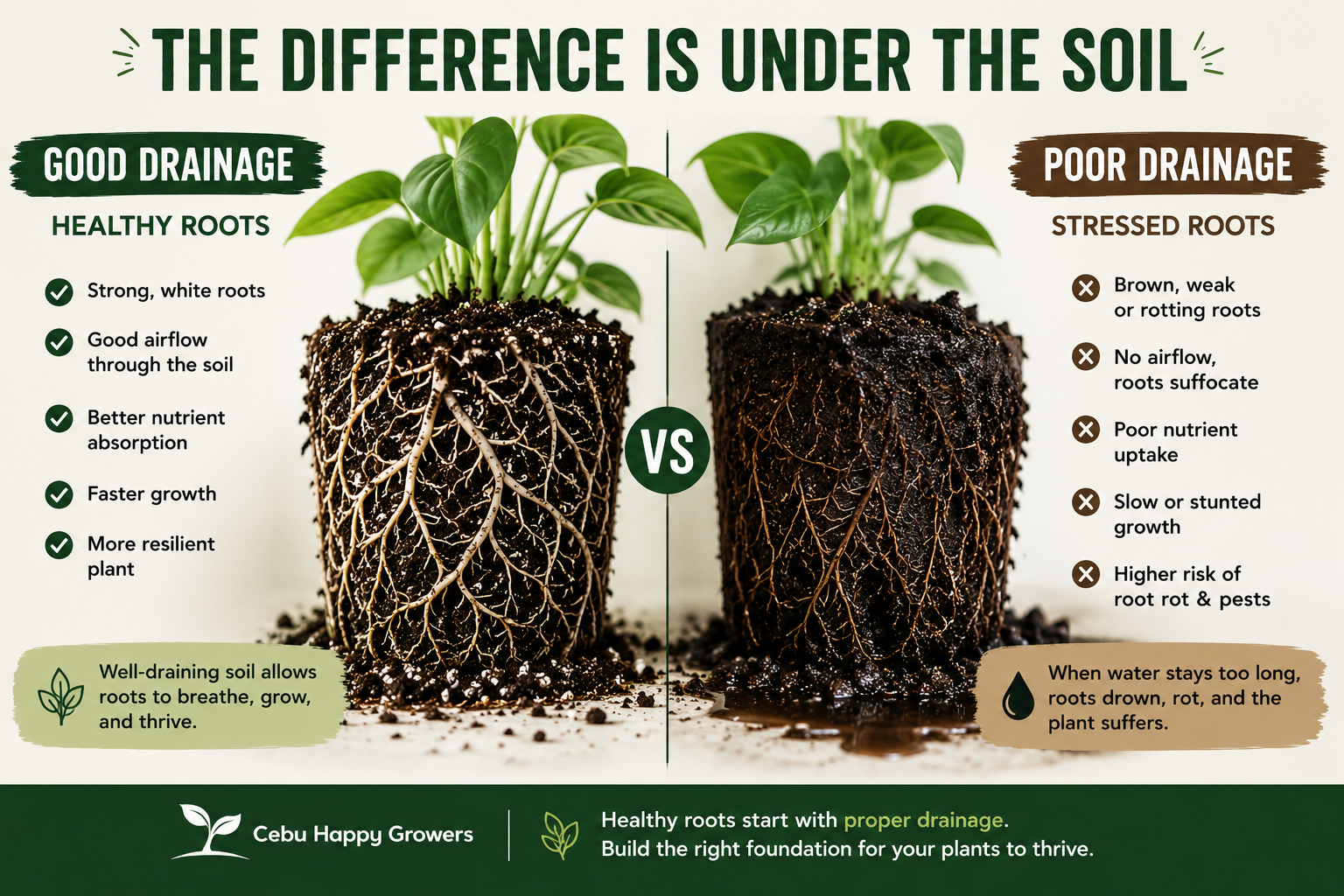 Comparison of healthy roots in well-draining soil versus stressed roots in compacted wet soil.