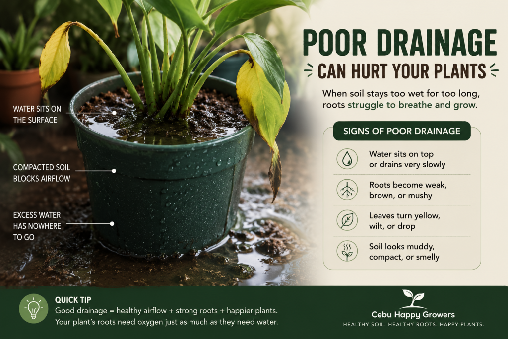 Plant sitting in overly wet compacted soil showing signs of poor drainage.