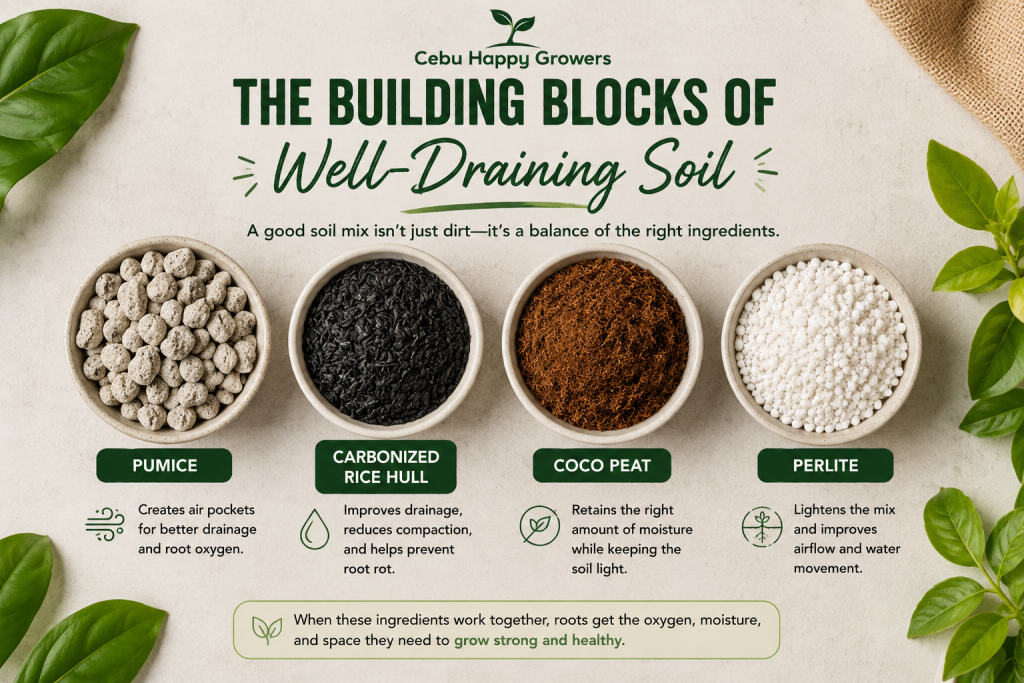 Common soil drainage ingredients including pumice, carbonized rice hull, coco peat, and perlite.