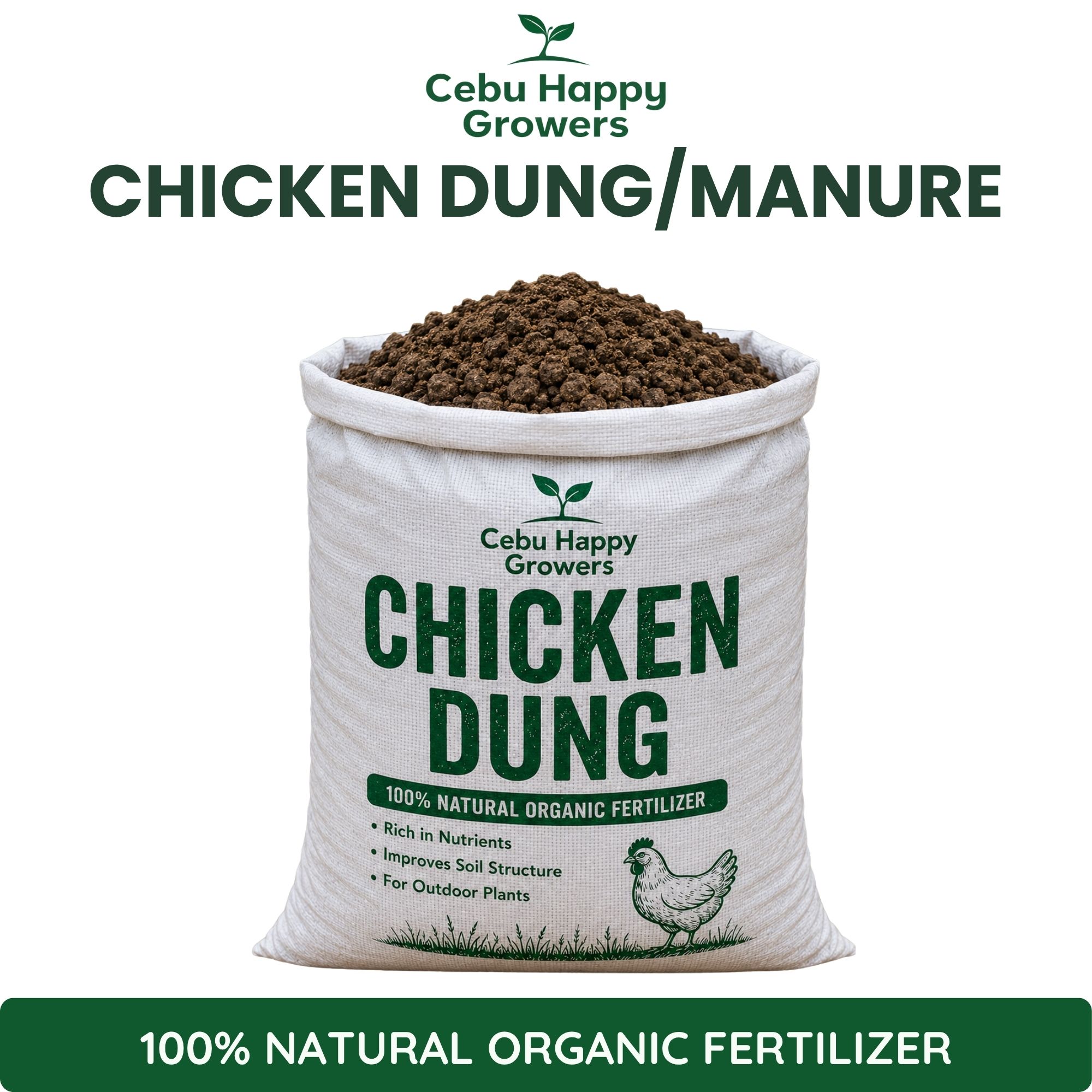 Chicken dung organic soil amendment in sack for vegetables, fruit-bearing plants, and outdoor gardens.