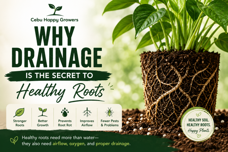 Featured blog image for Cebu Happy Growers showing a healthy plant with visible roots and the title ‘Why Drainage Is the Secret to Healthy Roots,’ highlighting the importance of airflow, oxygen, and proper soil drainage for healthier plant growth.