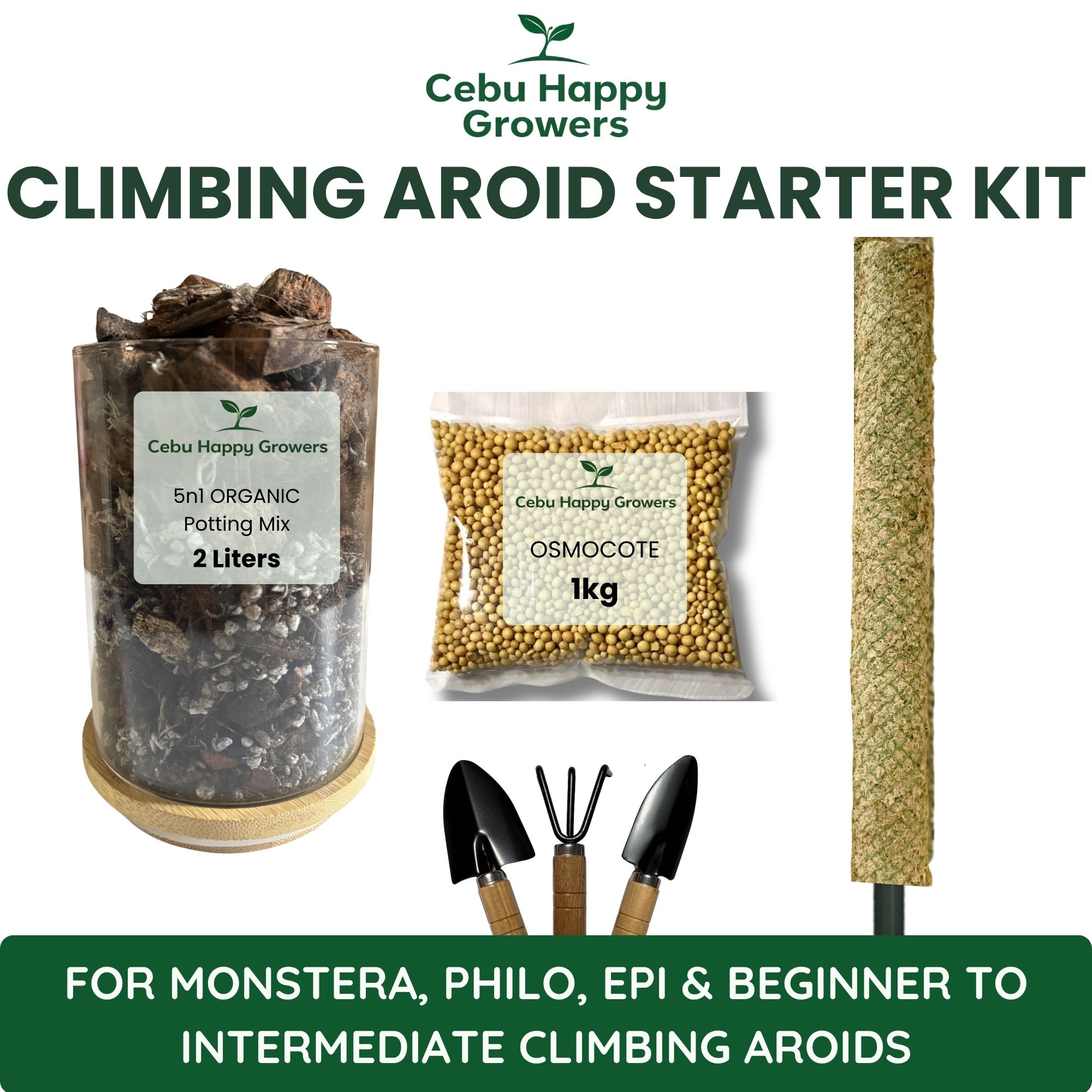 CHG Climbing Aroid Starter Kit with Premium Aroid Mix, Moss Pole, and Osmocote for Monstera and Philodendron.